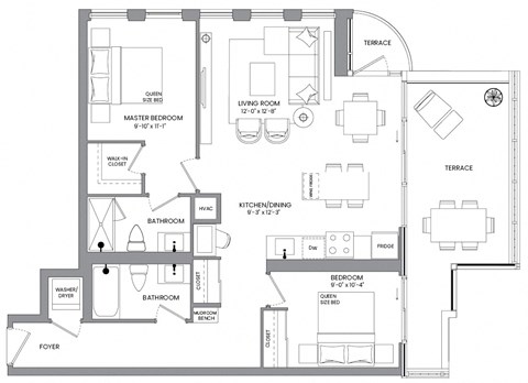 Floor plan for 2 beds, 2 baths, 924 sqft